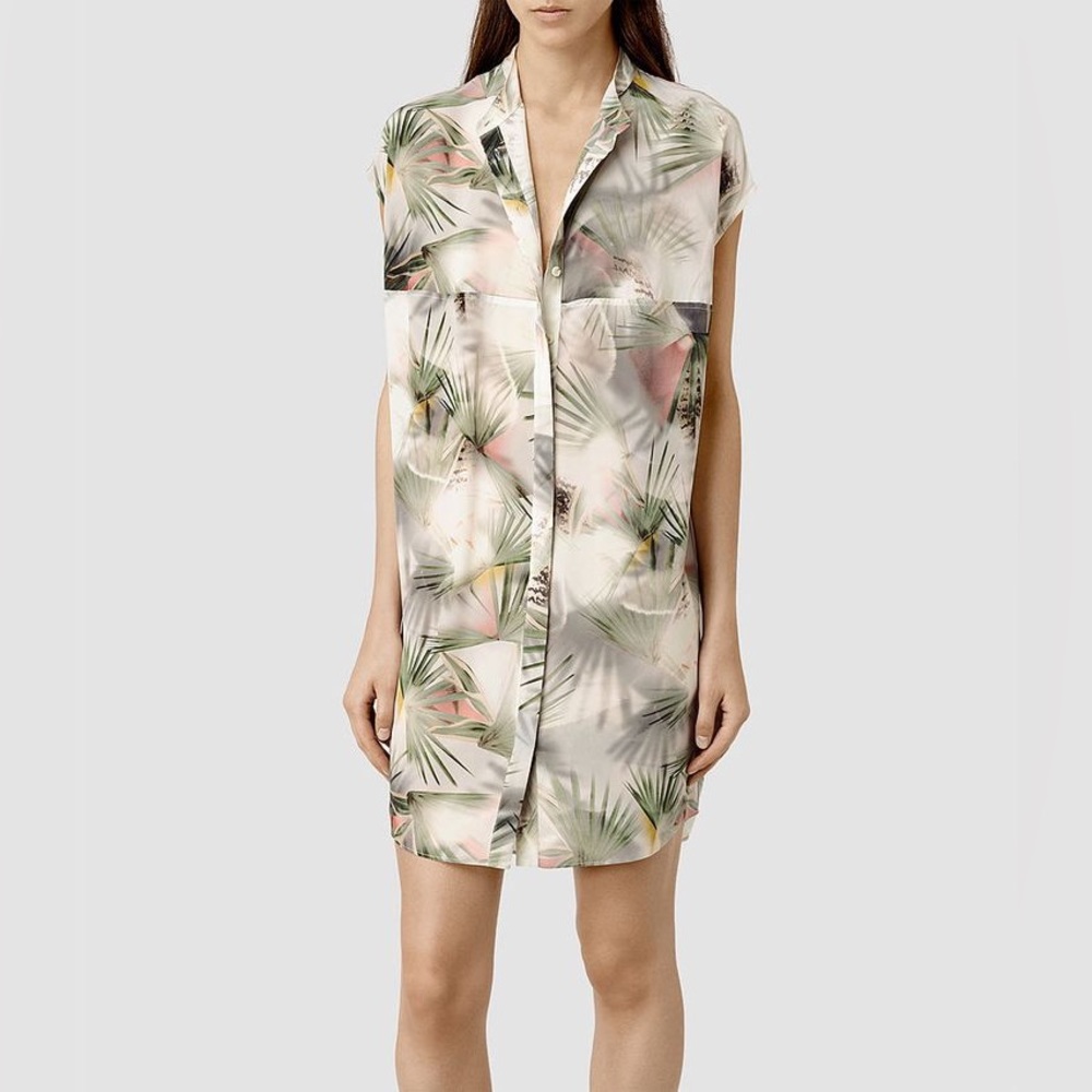 AllSaints Heli Colada Grey Floral Print Silk Shirt Dress, size 2